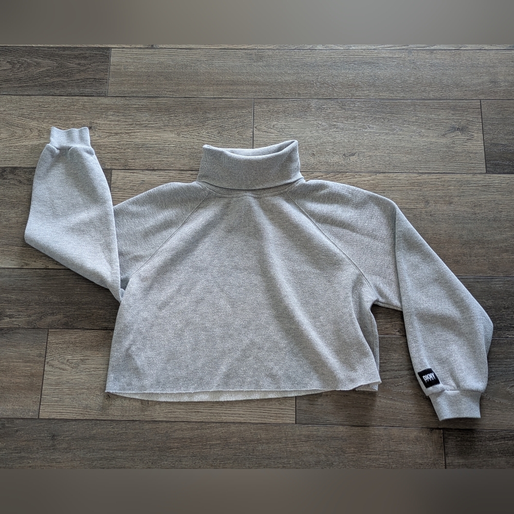 DKNY Sport Sweater Women Gray Silver Cropped Sparkle Fleece Turtleneck Pullover